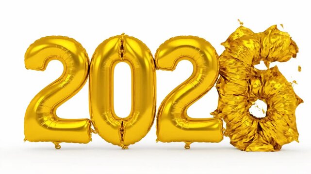 Golden foil balloons inflating from 2020 to 2026, visualizing new year change and celebration for greeting card footage.