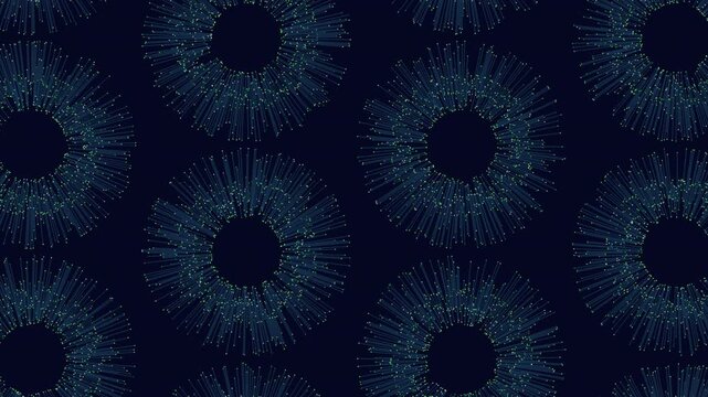 An intricate circular design in shades of blue and black, composed of small interconnected circles and lines. The pattern showcases a visually appealing concentric arrangement with delicate detailing