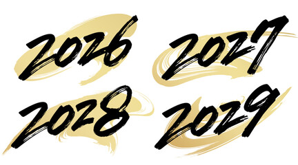 2026、2027、2028、2029と書いた筆文字と背景用の筆模様のベクター素材のセット