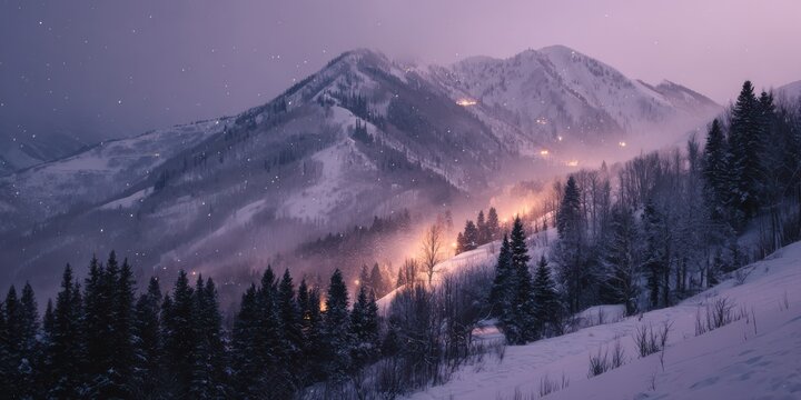 Snow covered mountains at dusk with scattered lights and falling snow night winter