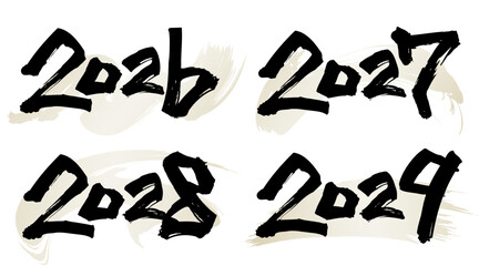 2026、2027、2028、2029と書いた筆文字と背景用の筆模様のベクター素材のセット