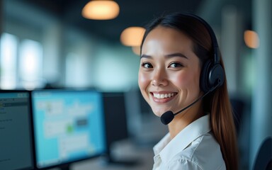 Female call center representative with a headset and a happy smile, detailed urban skyline background, bright and professional, tech support focus. High quality