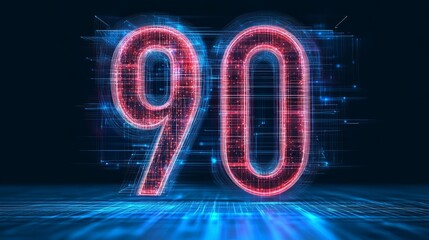 Futuristic Ninety Glows in a Vibrant Digital Landscape with Tech Lines and Interconnected Nodes