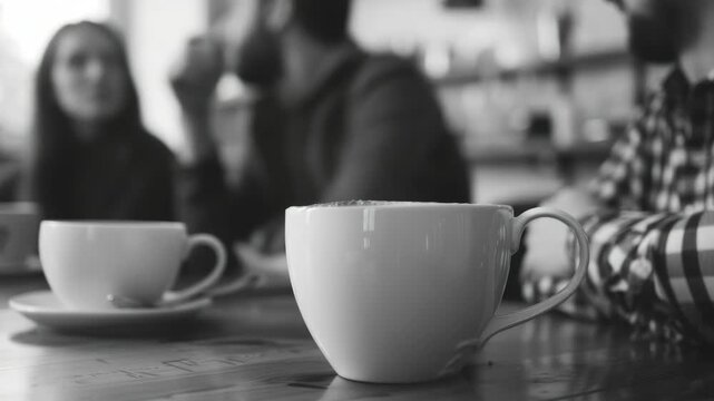 A warm setting in a coffee shop with cups of frothy beverage on table