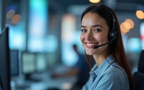 Female call center representative with a headset and a happy smile, detailed urban skyline background, bright and professional, tech support focus. High quality