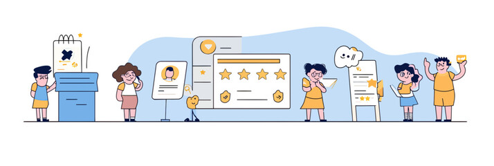 People giving online feedback with five star rating, filling survey forms, writing reviews, user experience concept in flat minimalist vector style