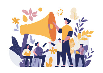 Business team collaboration with megaphone speaker encouraging employee voice and support in flat minimalist style vector illustration