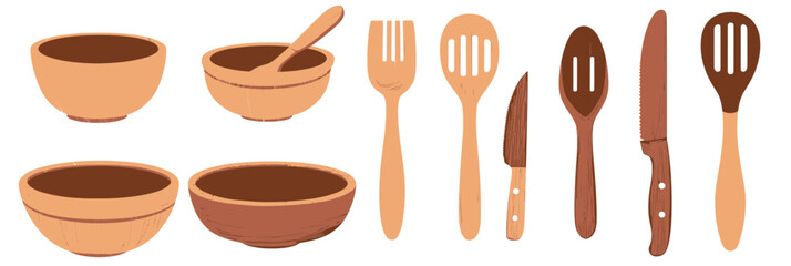 Set of wooden kitchen utensils and bowls including spoons, forks, knives, and mixing bowls in flat minimalist style natural eco friendly cooking tools vector illustration
