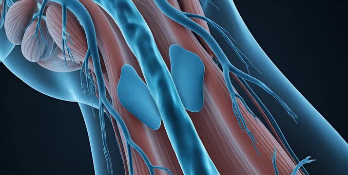 Anatomical illustration of human neck with muscles and lymph nodes.