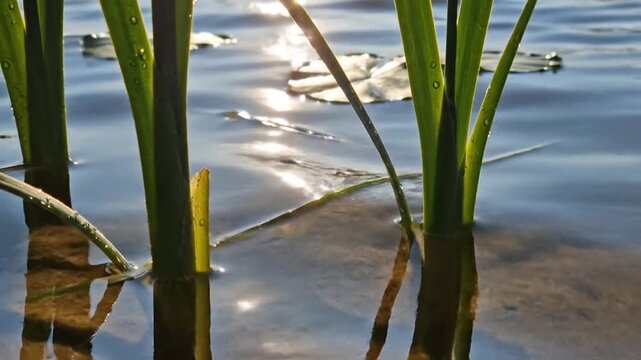 水面きらめき 葦のそよぎ 太陽光が織りなす美景スローモーション