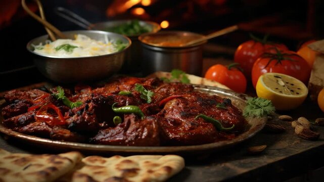 A plate of delicious grilled meats and vegetables with garnishes.