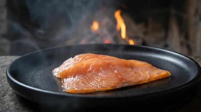Raw salmon fillet on a black plate with smoke and flames in the background, suggesting cooking or smoking process
