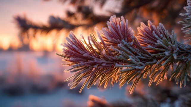Frost covered pine needles backlit by warm sunrise light winter scene image - Powered by Adobe