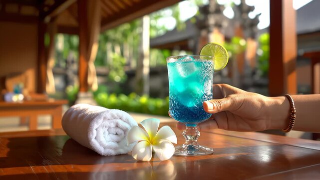 Hand Sets Down Cocktail Near Towel and Flower in Tropical Spa Resort