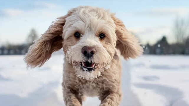 A joyful brown dog with its ears flapping happily as it runs through the snow on a bright day.