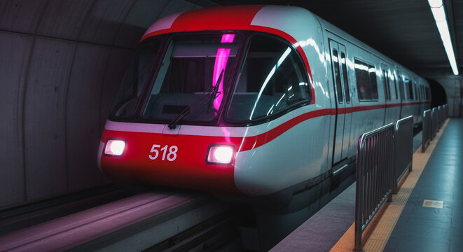 A modern passenger train elegantly emerges from the tunnel, its sleek design and advanced engineering on full display, showcasing a seamless blend of speed, safety, and transportation innovation.