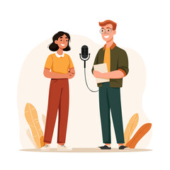 A man and woman recording a podcast in a studio setting