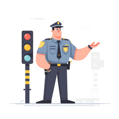 A police officer directing traffic with a stoplight illustration