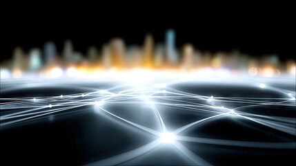 Abstract glowing lines forming a network pattern with bright nodes, set against a blurred, out-of-focus cityscape at night. The lighting is dark with bright, lu