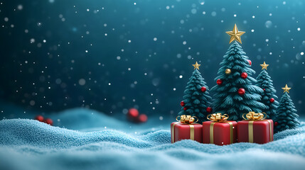 Christmas banner with gift boxes under pine tree, festive winter new year holiday celebration background with copy space.