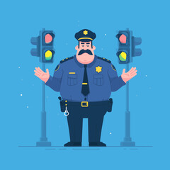 Police Officer Directing Traffic at Street Intersection Cartoon