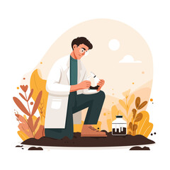 Scientist analyzing soil sample with microscope outdoors