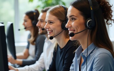 Group of diverse telemarketing customer service staff team in call center. High quality