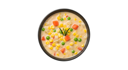 Creamy Corn Chowder, with Peas and Carrots in a Bowl, isolated on transparent background, cutout, PNG