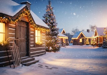 Cozy log cabin decorated with warm christmas lights in snow