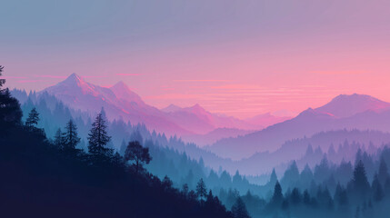Fototapeta premium breathtaking and serene landscape featuring a layered view of mountains, forests, and a vibrant sky. It blends natural elements with a soft, dreamy color palette, making it visually captivating