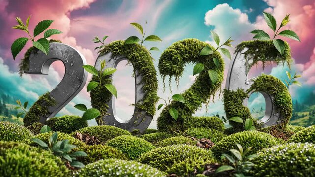 Growing 2026 number covered in green moss with new plant shoots for new year concept, nature preservation animation