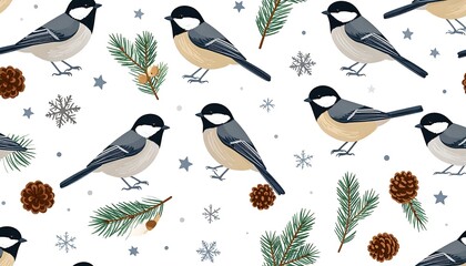 Whimsical pattern featuring birds, pine cones, branches, and snowflakes