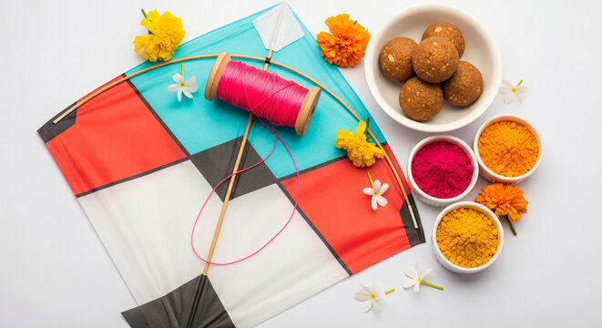 happy Makar Sankranti Festival - Tilgul or Til ladoo in a bowl or plate with haldi kumkum and flowers with Fikri /Reel/Chakri /Spool with colourful thread or manjha and kite over plain ... See More
