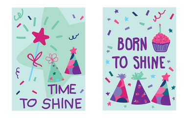 Shine-themed birthday poster set with inspiring lettering, star symbols, party hats, confetti and festive sparkles, bright motivational celebration vector bundle