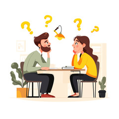 Two people at table asking questions with thought bubbles