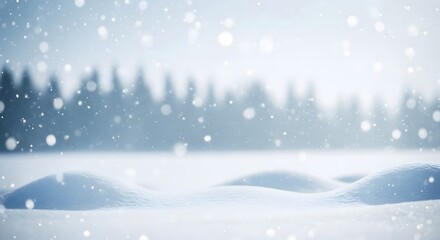 Snowy landscape with pine trees and snowflakes falling in a winter scene