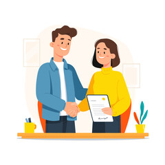 Two people shaking hands after a contract agreement signing