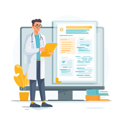 Doctor reviewing patient data on computer screen illustration