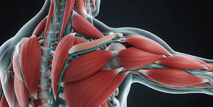 Detailed anatomical illustration of human shoulder and upper arm muscles.