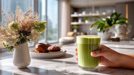 Hand holding green pistachio latte during breakfast