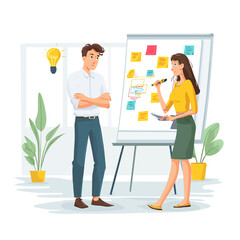 Woman drawing on a whiteboard in front of a male colleague