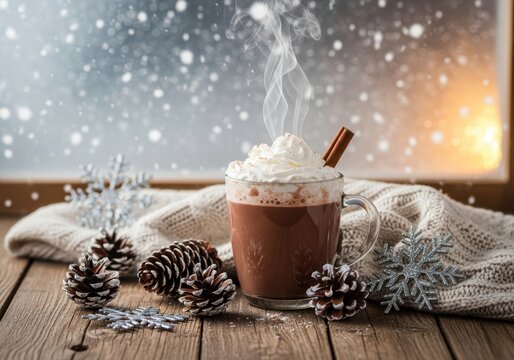 Steaming hot chocolate with whipped cream by a snowy window
