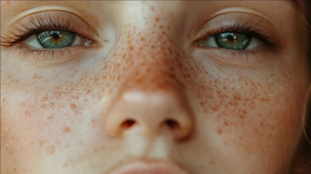 A young adult looking directly at the camera with their skin showing visible freckles and piercing blue eyes.