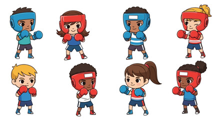 Diverse Children's Boxing Cartoon Vector Illustration Collection for Sports and Education