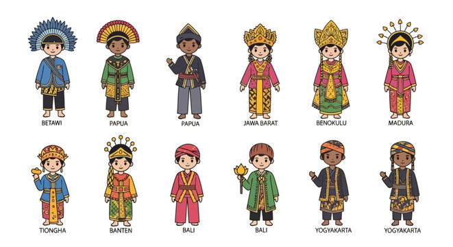 Charming vector illustration of adorable Indonesian children showcasing traditional costumes