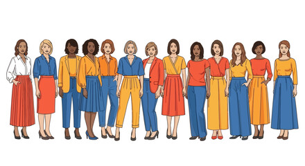 Empowered and diverse group of women standing together in a line, showcasing unity and community