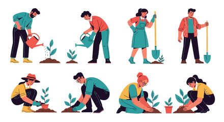 Set of vector illustrations showing people planting young trees and watering plants in garden