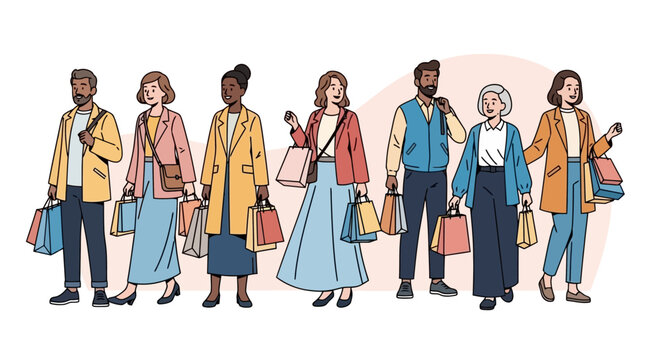 Diverse shoppers enjoy retail therapy: Vector illustration of stylish individuals with shopping bags