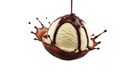 Creamy vanilla ice cream scoop, with rich chocolate sauce splashing around it, isolated on transparent background, cutout, PNG