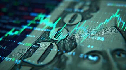 Close-up of a ten-dollar bill with superimposed green and blue financial market charts and data, representing economic growth and investment. - Powered by Adobe